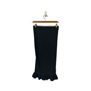 Urban Outfitters sz small black midi ribbed pull on skirt ruffle‎ hem slit
